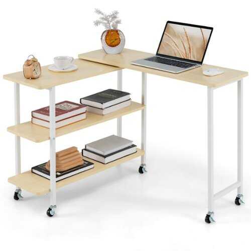 Rent to own Costway 360° Rotatable Sofa Side Table L-shaped Laptop Desk Snack Table withShelf Patented - Natural