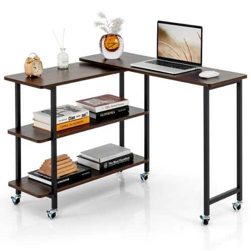 Rent to own Costway 360° Rotatable Sofa Side Table L-shaped Laptop Desk Snack Table withShelf Patented - Walnut