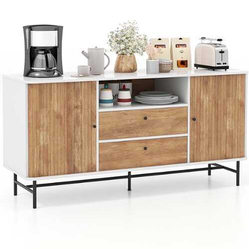 Rent to own Costway - Buffet Sideboard Versatile TV Stand with Sliding Tambour Doors & 2 Storage Drawers - White + Oak