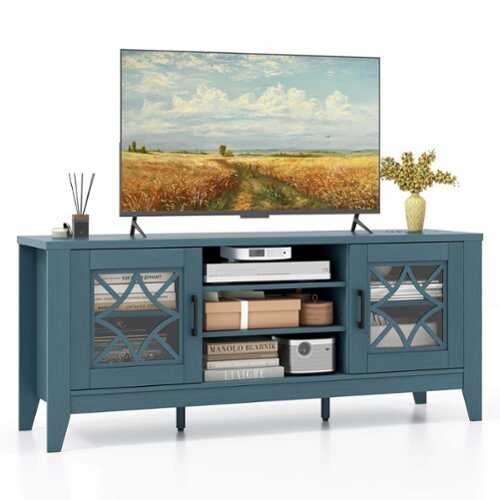 Rent to own Costway TV Stand for TVs up to 65" with 3-Position Adjustable Shelves Tempered Glass Doors - Green