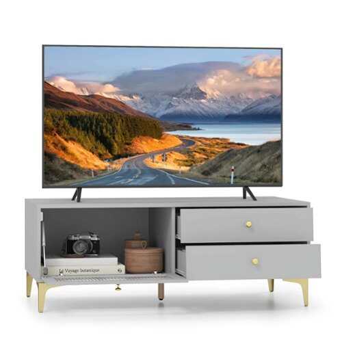Rent to own Costway Modern TV Stand for 55" TVs with Drop Down Door Cabinet 2 Storage Drawers - Gray