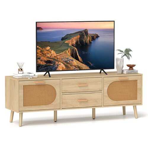 Rent to own Costway Rattan TV Stand for 65-Inch TV 59" TV Console Cabinet Boho Entertainment Center - Beige
