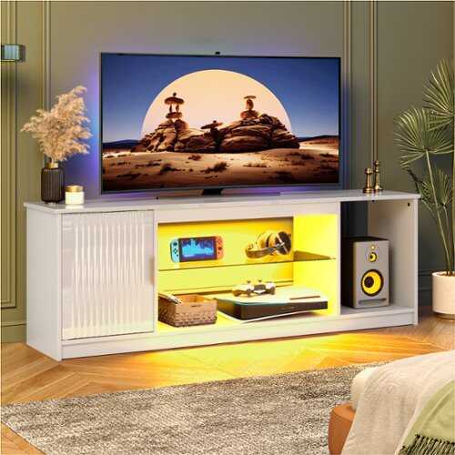 Rent to own Bestier 57" Gaming TV Stand with Adjustable Shelves LED-Lit TV Console for 65-Inch TVs with Cabinet Storage - White