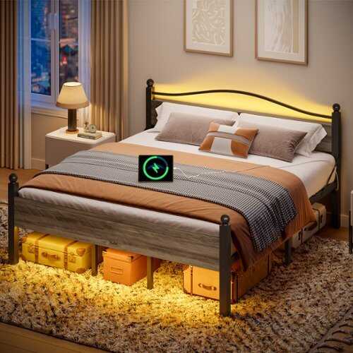 Rent to own Pinmoco - King Metal Platform Bed Frame with LED Headboard, 16.5" Storage & Charging Station - Gray