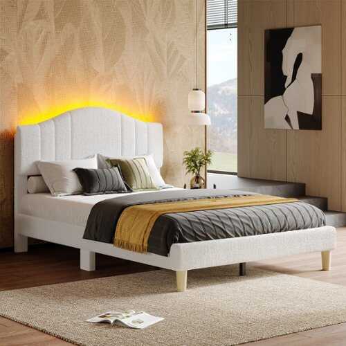 Rent to own Pinmoco - Full Upholstered Platform Bed Frame with Adjustable LED Arc Headboard - Fabric White