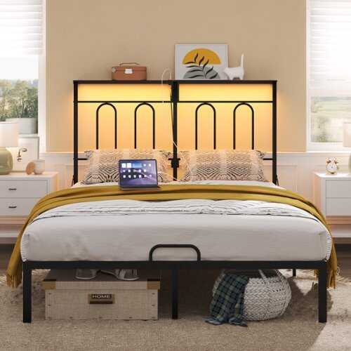 Rent to own Pinmoco - Full Bed Frame with LED Storage Headboard & Charging Station - Metal Platform Bed - Black