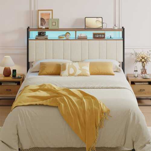 Rent to own Pinmoco - Queen Size LED Linen Upholstered Storage Headboard with Charging Station - Beige - Beige