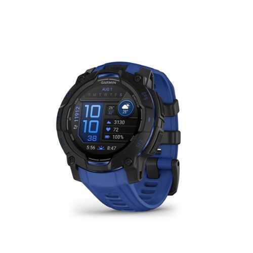 Rent to own Garmin - Instinct 3 AMOLED GPS Smartwatch 45 mm Fiber-reinforced Polymer - Black with bolt blue/black silicone band - (2025)