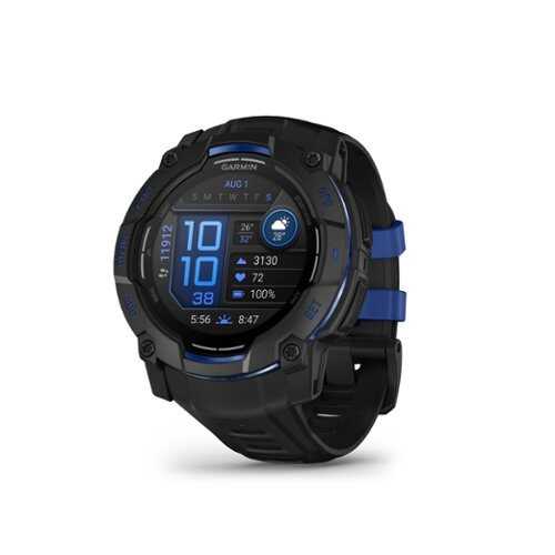 Rent to own Garmin - Instinct 3 AMOLED GPS Smartwatch 50 mm Fiber-reinforced Polymer - Black with black/bolt blue silicone band - (2025)