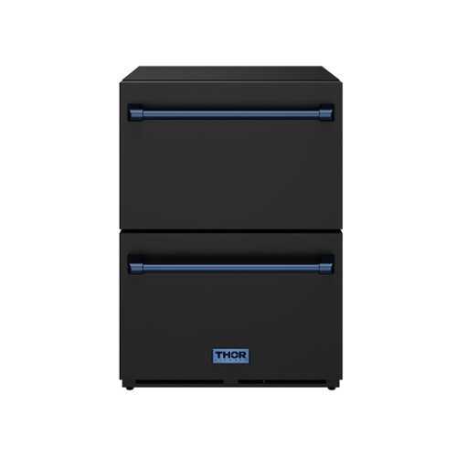 Rent to own Gordon Ramsay Series by Thor Kitchen 24 Inch Indoor Outdoor Refrigerator Drawers with Navy Blue Hardware - Black