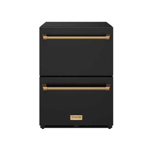 Rent to own Gordon Ramsay Series by Thor Kitchen 24 Inch Indoor Outdoor Refrigerator Drawers with Bronze Hardware - Black
