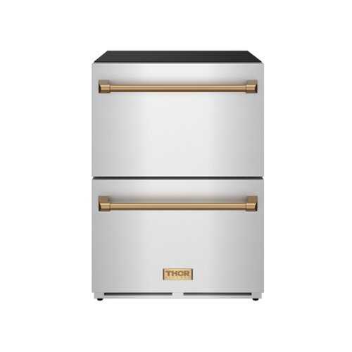 Rent to own Gordon Ramsay Series by Thor Kitchen 24 Inch Indoor Outdoor Refrigerator Drawers with Bronze Hardware - Stainless Steel