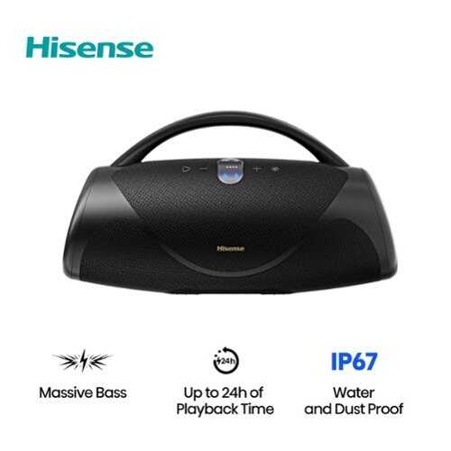 Rent to own Hisense - Portable Bluetooth Speaker with rechargable battery, ambient lighting, Auracast, FM radio, IP67 - Black