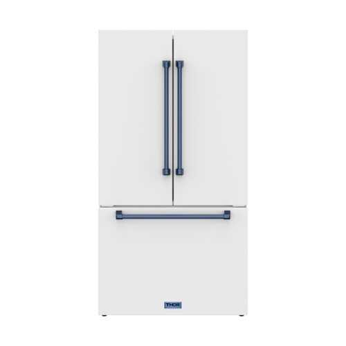 Rent to own 36 in. Wide Gordon Ramsay Series by Thor Kitchen 20.3 Cu. Ft. Counter Depth Refrigerator with Navy Blue Hardware - Matte White