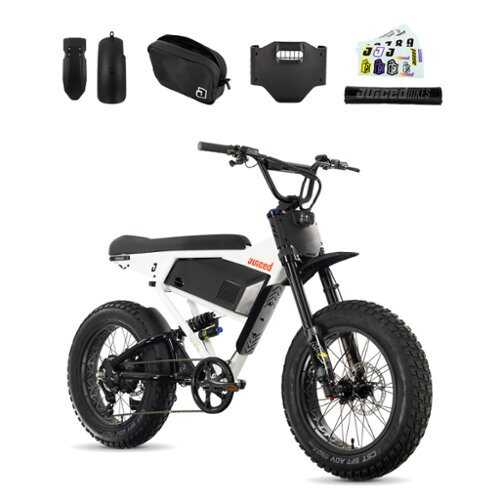 Rent to own Juiced Bikes - Scrambler Full Suspension eBike (Max 60mi/28mph) + Headplate/Handlebar Bag & Pad/Fenders/Sticker Pack - White Cherry