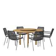 Rent to own Amazonia Kingston 7-Piece Patio Round Lazy Susan Dining Table Set, Teak Finish, Ideal for Outdoors and Indoors, Grey Cushions