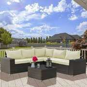 Rent to own Gotland Outdoor Patio Furniture Set 6 Piece Sectional Rattan Sofa Set Rattan Wicker Patio Conversation Set with 5 Seat Cushions and 1 Tempered Glass Table,Cream