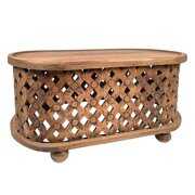 Rent to own 36 Inch Oval Farmhouse Coffee Table with Intricate Cut Out Design, Antique Brown