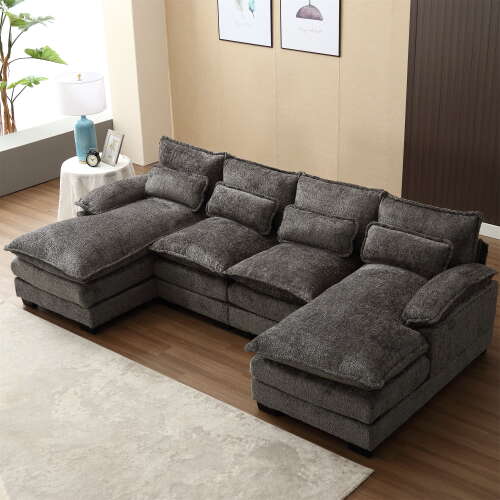 Rent to own Aukfa 110" Sectional Sofa Overstuffed U shape Couch for Living Room, 4 Lumbar Pillow, Boucle, Gray