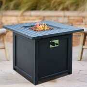 Rent to own 28'' Propane Gas Fire Pit Table, 40000 BTU Auto-Ignition Fire Pit Table with Removable Lid & Lava Rock, Stainless Steel Heater, Square Outdoor Rattan-Look Fire Table with Control Knob, Black, SS758