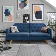 Rent to own Futon Sofa Bed, Mid Century Velvet Fabric Futon Sofa with Wood Legs, Convertible Daybed with 3 Adjustable Positions, Couches and Sofas, Modern Stylish Sleeper Sofa Bed for Living Room, Blue