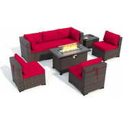 Rent to own Gotland Outdoor Patio Furniture Set 8 Pieces Rattan Wicker Sectional Sofa with 43.3" Gas Fire Pit Table,Red