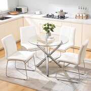 Rent to own Surmoby Dining Room Table for 4, Round Dining Table Set,Space Saving Glass Kitchen Table and Faux Leather Dining Chairs Set(Table + 4 White Chairs)