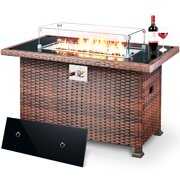 Rent to own Lafwell 42Inch Outdoor Propane Gas Fire Pit Table 50,000 BTU Auto-Ignition PE Wicker CSA Certified Outside Fire Pits with Glass Wind Guard,Fire Glass,Black Tempered Glass Tabletop