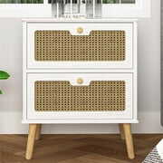 Rent to own Resenkos White Nightstand for Bedroom with Drawer, Wood Rattan Bedside Table Living Room Side Table