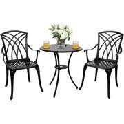 Rent to own Polar Aurora 3 Piece Cast Aluminum Patio Bistro Set Table Outdoor Round Dining Armchair with Umbrella Hole for Porch, Lawn, Garden, Backyard, Pool, Black