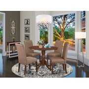 Rent to own DLBA5-MAH-18 5Pc Small Round table with linen brown fabric Parson chairs with mahogany chair legs