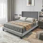 Rent to own YITAHOME Upholstered Wingback Platform Bed with Gray Velvet Headboard, Bed Frame with Wood Slat , Queen Size