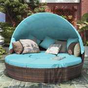 Rent to own Outdoor Patio Furniture Sets, Round Patio Daybed with Retractable Canopy&Separates Cushioned Seats, Brown Rattan Round Daybed Sunbed, Outdoor Conversation Sets for Garden Lawn, Blue Cushion, W7868