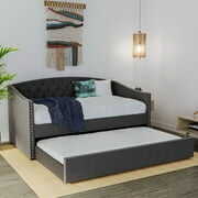 Rent to own DG Casa Suva Traditional Upholstered Daybed with Trundle Platform Bed Frame with Diamond Button Tufting Nailhead Trim and Full Wooden Slats, Box Spring not Required - Twin Size Day Bed in Gray Fabric