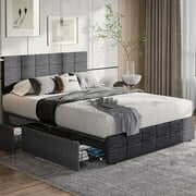 Rent to own Queen Size Platform Bed Frame, 4 Drawers Storage Bed with Adjustable Height Headboard, Dark Grey