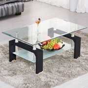 Rent to own Uenjoy Rectangular Glass Coffee Table Shelf Chrome Black Wood Living Room Furniture, Black
