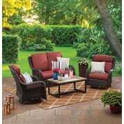 Rent to own Better Homes & Gardens Ravenbrooke 4-Piece Outdoor Wicker Swivel Chair Conversation Set, Red