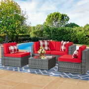 Rent to own Walsunny 5 Pieces Patio Furniture Sets, Wicker Rattan Outdoor Sectional Sofa with Glass Table and Cushions Red