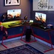 Rent to own Bestier 55 inch Gaming L-Shape Computer Desk with Led Strip Light &Map Pad Red