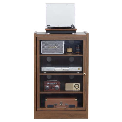 Rent to own Giratree Record Player Stand, 4 Tier Media Storage Cabinet with Adjustable Shelves and Acrylic Door, Walnut