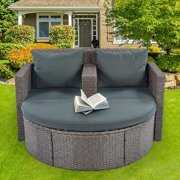 Rent to own 2 Piece Outdoor Patio Furniture Set, with 2-Seat Armchair and Half-Moon Sofa, All-Weather Rectangle Patio Sofa Wicker Set with Cushions for Backyard, Porch, Garden, Pool