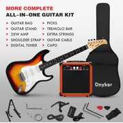 Rent to own Yoleny 39 Inch Beginner Electric Guitar Kit with 20-Watt Amplifier, Bag, Stand, Tremolo Bar, Digital Tuner, Brown