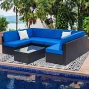 Rent to own Wicker Patio Furniture Set, 7 Piece Outdoor Conversation Set with Coffee Table and Patio Sofa, All-Weather Black Rattan Sofa Sectional Furniture Set, Outdoor Dining Set for Backyard, Poolside, W2227