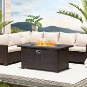 Rent to own Yoleny 44'' Propane Fire Pit Table, 50,000 BTU Rectangular Gas Fire Pit, CSA Certified Wicker Fire Pit Table with Fire Pit Cover, Aluminum Tabletop and Glass Rocks, Suiltable for Poolside, Backyard