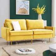 Rent to own Mid Century Sectional Sofa Couch, Upholstered Couch with Metal Legs, High End Velvet Fabric Modern Couches and Sofas with 2 Soft Pillows, Loveseat Sofa for Living Room, Holds 700 lbs, Yellow, Q9273