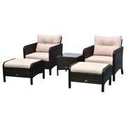 Rent to own Outsunny 5 Piece Rattan Wicker Outdoor Patio Conversation Set with 2 Cushioned Chairs, 2 Ottomans & Glass Table