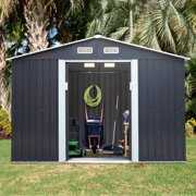 Rent to own Jaxpety 6.3 x 9.1 ft Large Garden Storage Shed Galvanized Steel Outdoor Tool House with Sliding Door, Roof and 4 Vents, Dark Gray