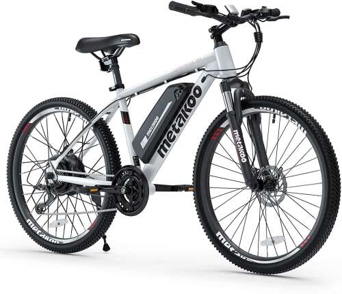 METAKOO 26” Electric Mountain Bike, 350W Motor, 3 Hours Fast Charge, 36V Removable Battery, 20Mph Electric Bicycle with 21 Speed Gears | White