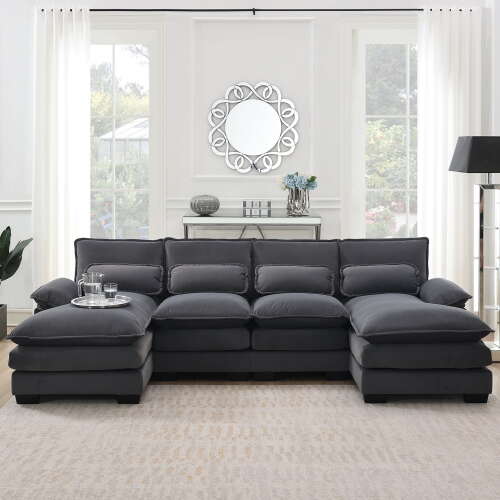 Rent to own JONPONY 109.8" U Shaped Couch, 4 Seat Sectional with 4 Throw Pillows, Convertible Upholstery Symmetrical SofÃ¡,High Dense Memory Foam with Double Chaise Lounge &Memory Foam for Living Room, Grey