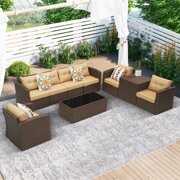 Rent to own 9 Pieces Wicker Patio Furniture Conversation Set, Aluminum Frame Outdoor Sectional Sofa, Brown